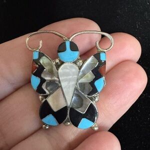 Zuni Navajo Sterling Silver Inlayed Turquoise Butterfly Pin Pendant NWT